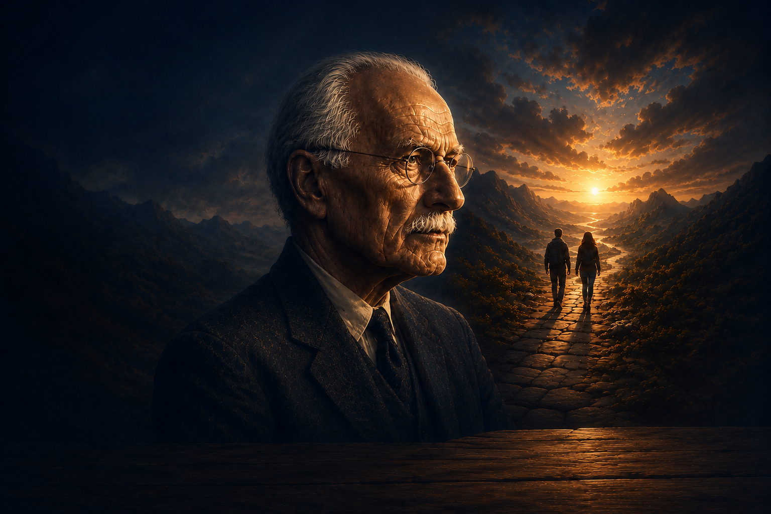 Retrato de Carl Gustav Jung contemplando uma jornada ao pôr do sol