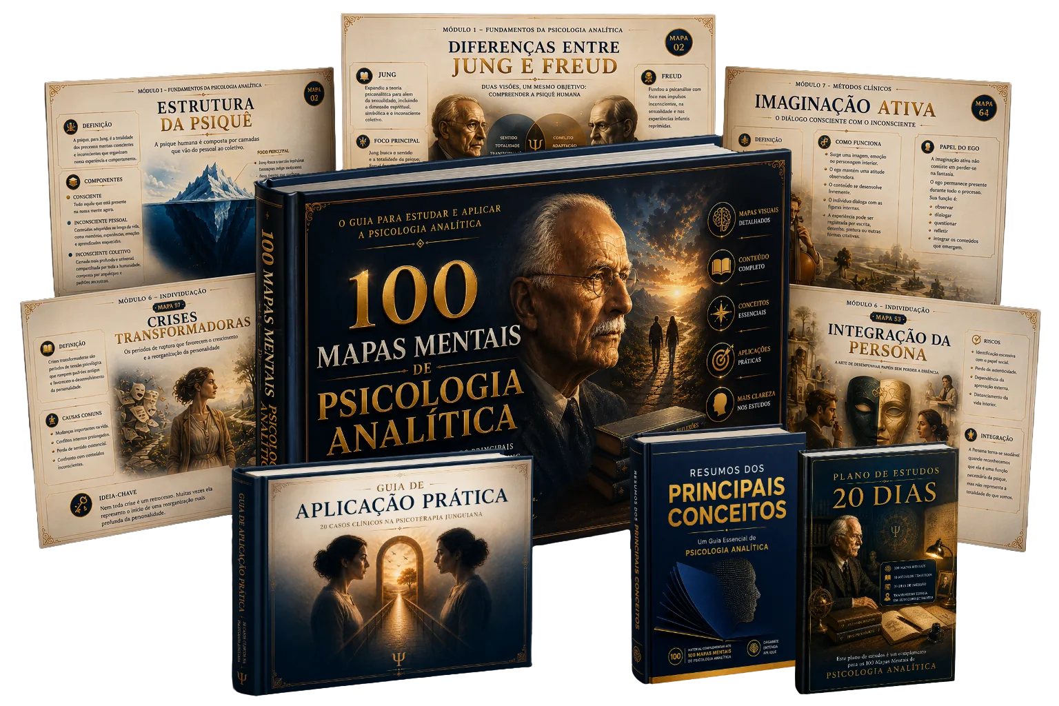 Mockup do ebook 100 Mapas Mentais de Psicologia Analítica em vários dispositivos